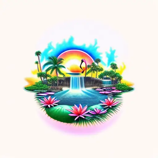sunset with a waterfall, flamingo, lily pads and palm tree tattoo design idea