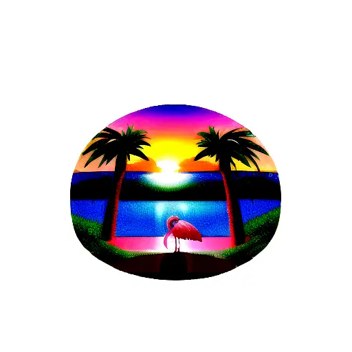 sunset flamingo, lily pads and palm tree tattoo design idea