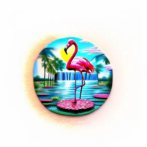 sunset with a waterfall, flamingo, lily pads and palm tree tattoo design idea