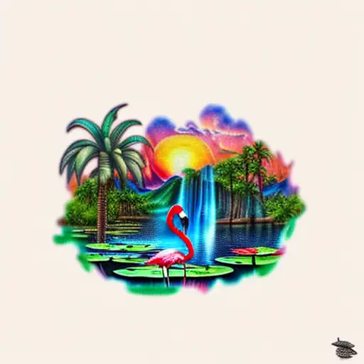 sunset with a waterfall, flamingo, lily pads and palm tree tattoo design idea