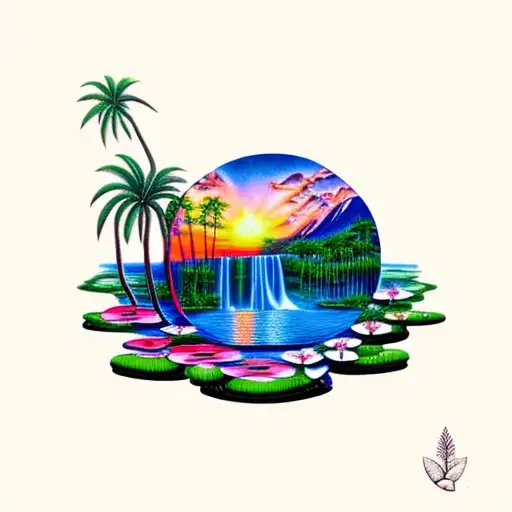 sunset with a waterfall, flamingo, lily pads and palm tree tattoo design idea