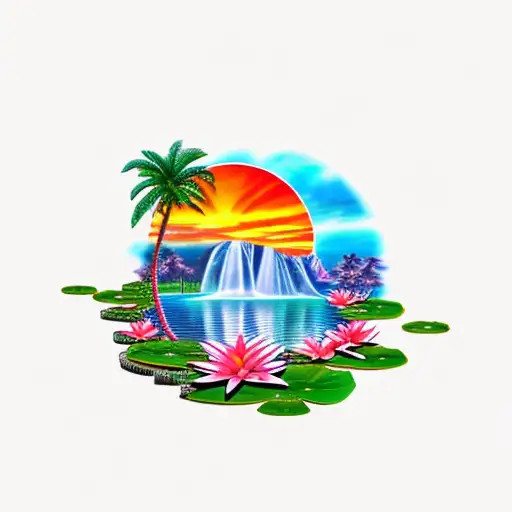 sunset with a waterfall, flamingo, lily pads and palm tree tattoo design idea