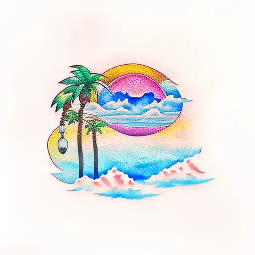 watercolor sunset, flamingo, lily pads and palm tree tattoo design idea