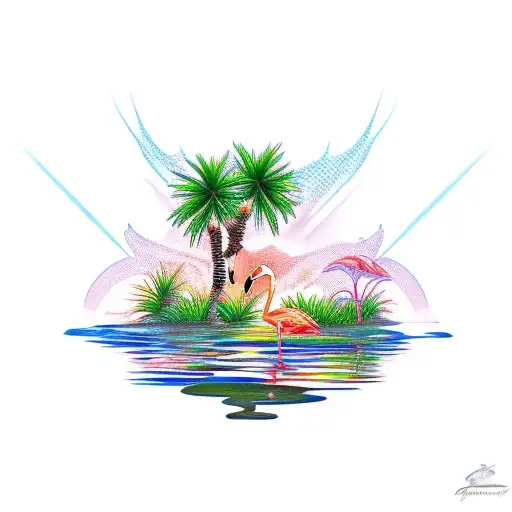 sunset pond with frog, Flamingo, palm trees tattoo design idea