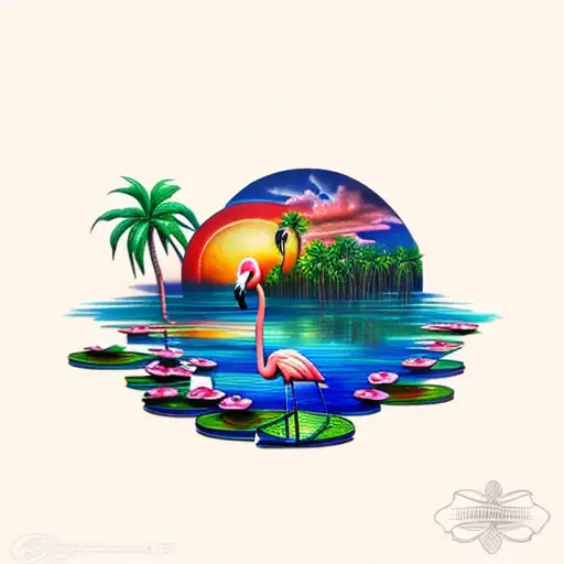 sunset flamingo, lily pads and palm tree tattoo design idea