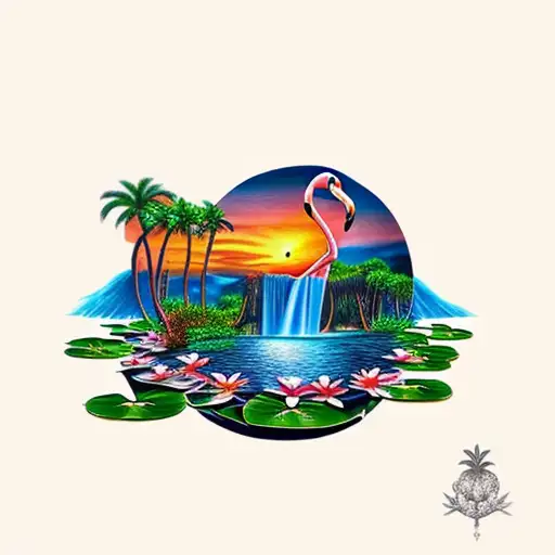 sunset with a waterfall, flamingo, lily pads and palm tree tattoo design idea