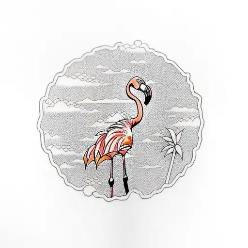 sunset, flamingo, lily pads and palm tree tattoo design idea