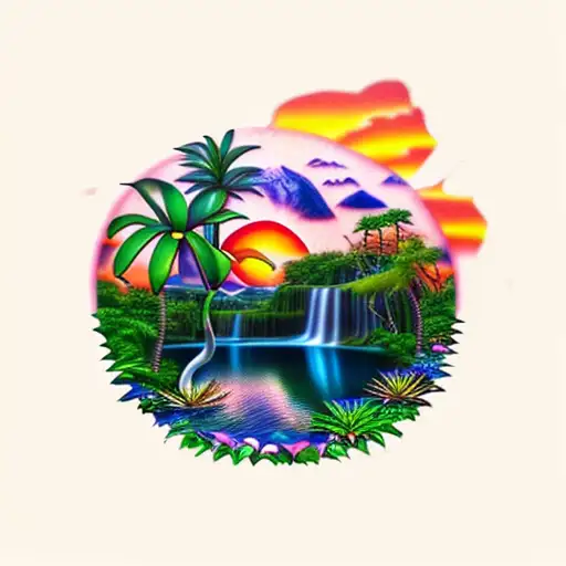 sunset with a waterfall, flamingo, lily pads and palm tree tattoo design idea