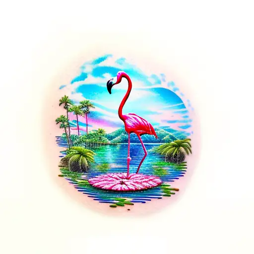 sunset with a waterfall, flamingo, lily pads and palm tree tattoo design idea
