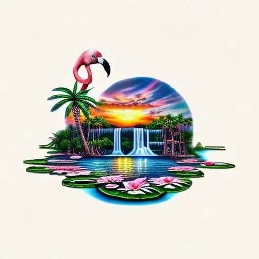 sunset with a waterfall, flamingo, lily pads and palm tree tattoo design idea