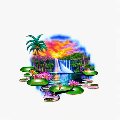 sunset with a waterfall, flamingo, lily pads and palm tree tattoo design idea