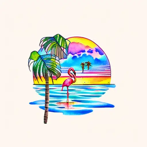 watercolor sunset, flamingo, lily pads and palm tree tattoo design idea