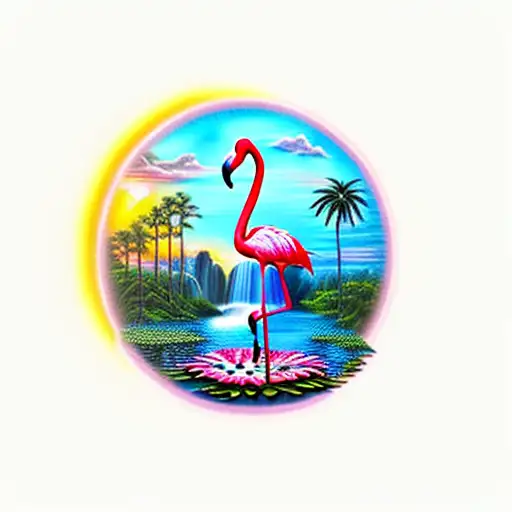sunset with a waterfall, flamingo, frog, lily pads and palm tree tattoo design idea