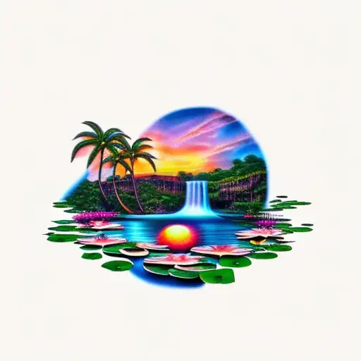 sunset with a waterfall, flamingo, lily pads and palm tree tattoo design idea