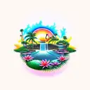 sunset with a waterfall, flamingo, lily pads and palm tree tattoo design idea