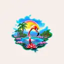 sunset with a waterfall, flamingo, lily pads and palm tree tattoo design idea