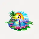 sunset with a waterfall, flamingo, lily pads and palm tree tattoo design idea