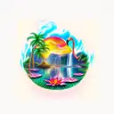 sunset with a waterfall, flamingo, lily pads and palm tree tattoo design idea