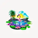 sunset with a waterfall, flamingo, lily pads and palm tree tattoo design idea