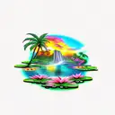 sunset with a waterfall, flamingo, lily pads and palm tree tattoo design idea