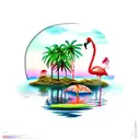 sunset pond with frog, Flamingo, palm trees tattoo design idea