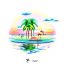 sunset pond with frog, Flamingo, palm trees tattoo design idea