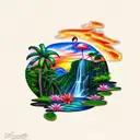 sunset with a waterfall, flamingo, lily pads and palm tree tattoo design idea
