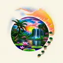 sunset with a waterfall, flamingo, lily pads and palm tree tattoo design idea