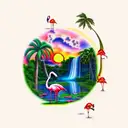 sunset with a waterfall, flamingo, lily pads and palm tree tattoo design idea