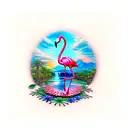sunset with a waterfall, flamingo, frog, lily pads and palm tree tattoo design idea