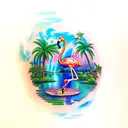 sunset with a waterfall, flamingo, frog, lily pads and palm tree tattoo design idea