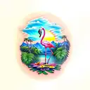 sunset with a waterfall, flamingo, frog, lily pads and palm tree tattoo design idea