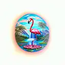 sunset with a waterfall, flamingo, frog, lily pads and palm tree tattoo design idea