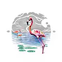 Sunset With A Flamingo and Frog, Lily Pads, Palm Tree, and waterfall tattoo design idea