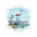 Sunset With A Flamingo and Frog, Lily Pads, Palm Tree, and waterfall tattoo design idea