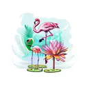 Sunset With A Flamingo and Frog, Lily Pads, Palm Tree, and waterfall tattoo design idea