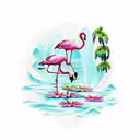 Sunset With A Flamingo and Frog, Lily Pads, Palm Tree, and waterfall tattoo design idea
