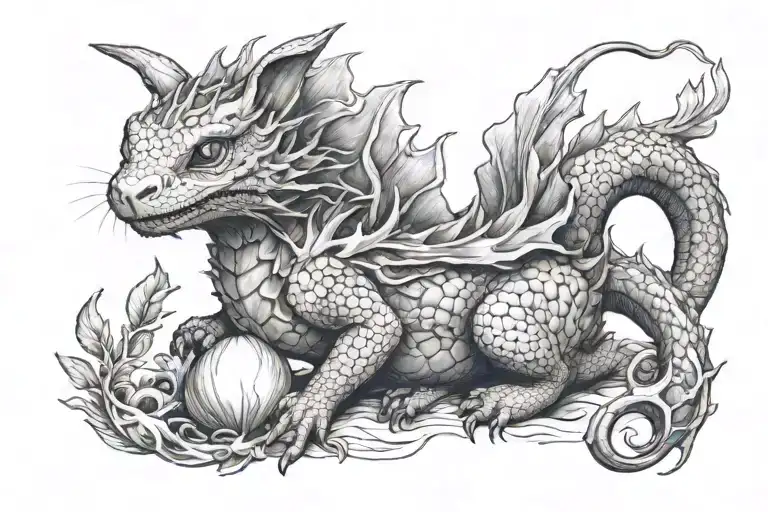 A fierce dragon sprouting fire on a cute little rabbit tattoo design idea