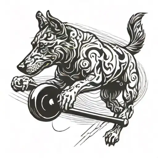 A stylized blackwork tattoo of a dog performing agility training tattoo design idea