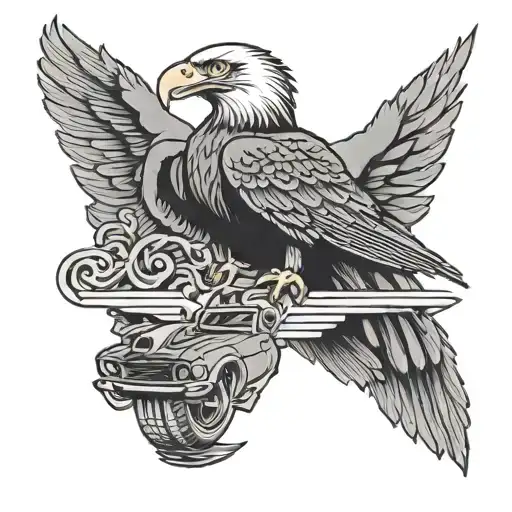 An American eagle holding a Ford Mustang in its clawws tattoo design idea
