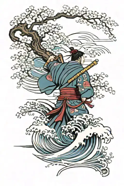 Waves and Wind with cherry blossoms and a samurai standing tattoo design idea