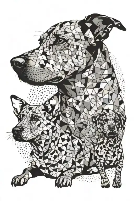 A geometric pattern incorporating images of your kids and a dog, showcasing your love for family and pets tattoo design idea