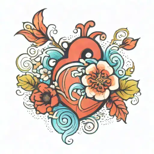 heart with a wave and flowers on the side view tattoo design idea