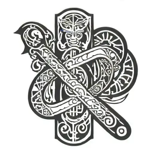 black ink Polynesian forearm sleeve using the symbols for: courage, wisdom, honesty, and strength. Also include a ribbon tattoo design idea