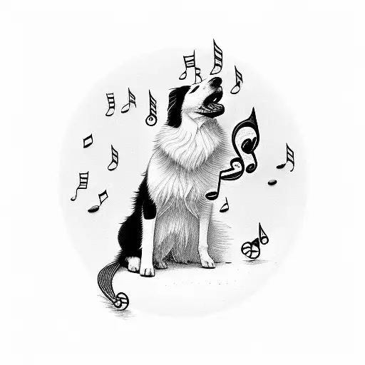 border collie dancing with musical notes tattoo design idea