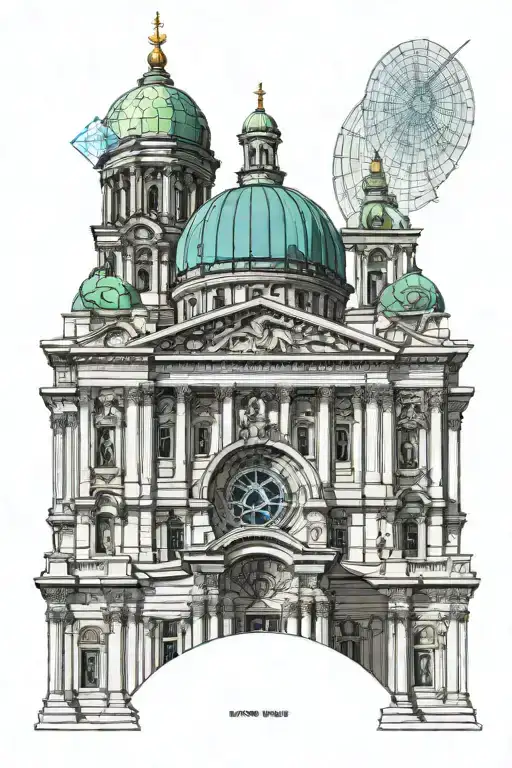 Quarter dome of the Kazan Cathedral in the style of an architectural drawing, a Masonic symbol and all this with the cor tattoo design idea