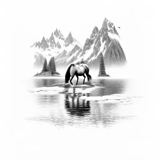 A serene lake surrounded by towering mountains, with a lone wild horse drinking from the water tattoo design idea