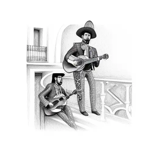 mexican mariachi serenading man on balcony tattoo design idea