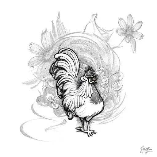 a rooster on a baguette of bread with a camembert cheese with a lys flower in the background tattoo design idea