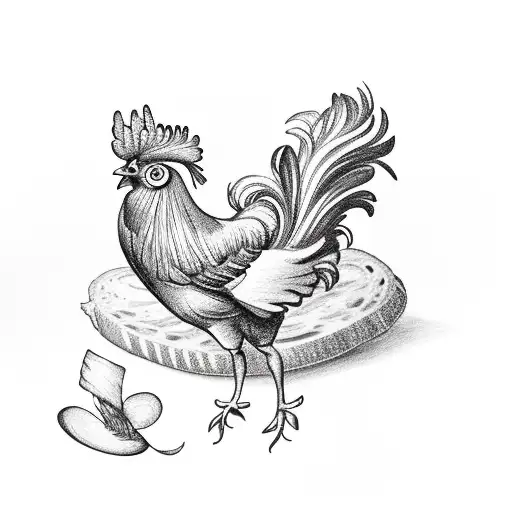a rooster on a baguette of bread with a camembert cheese with a lys flower in the background tattoo design idea